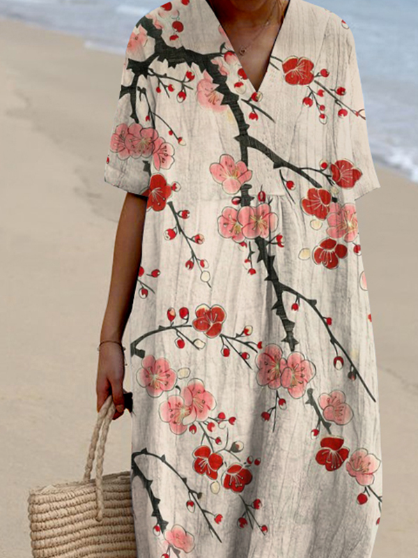 Vintage Plum Blossom Art Printed V Neck Casual Midi Dress