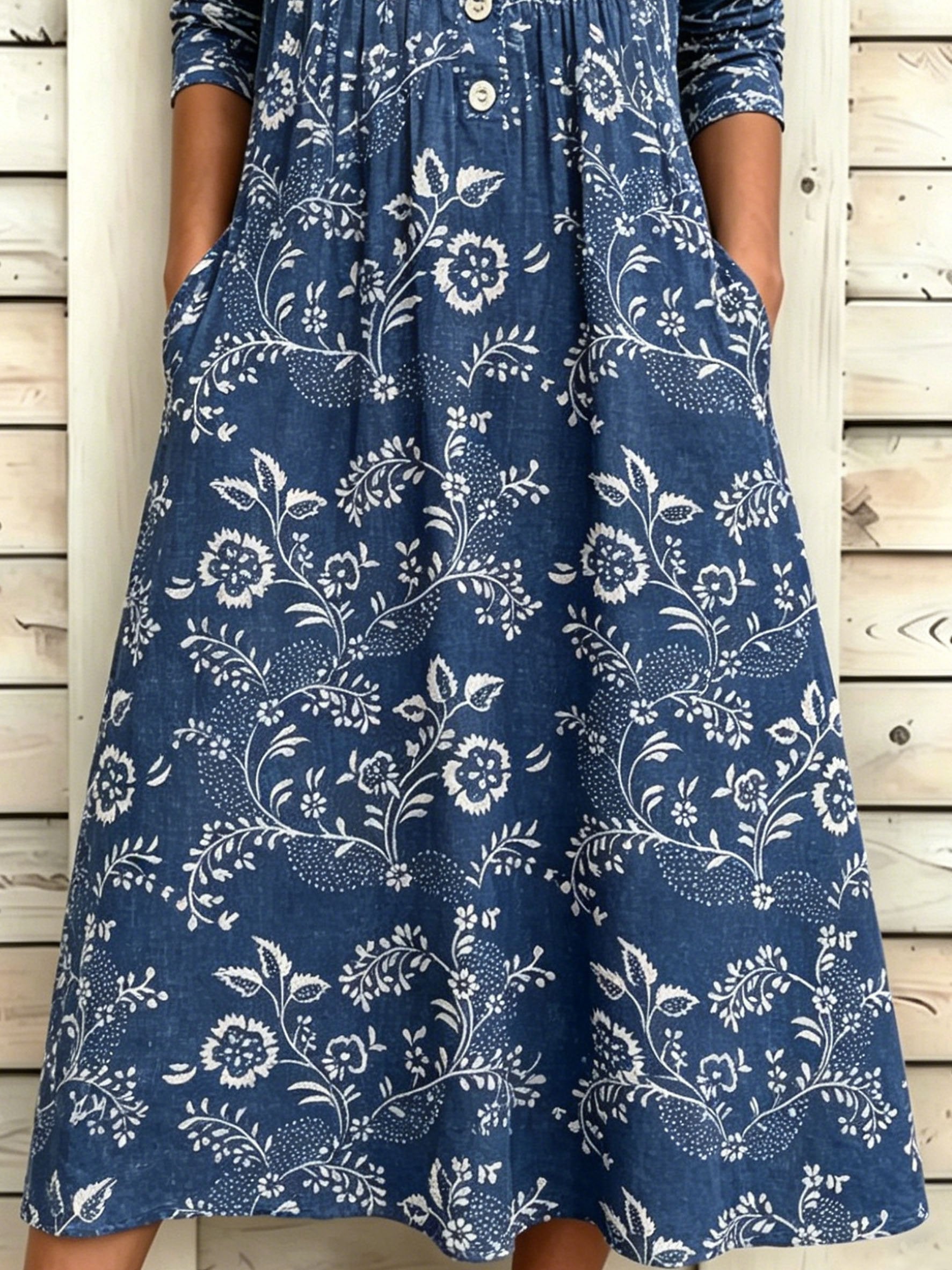 Denim Blue Floral Print Half Sleeve Round Neck Button A-Line Vintage Casual Dress