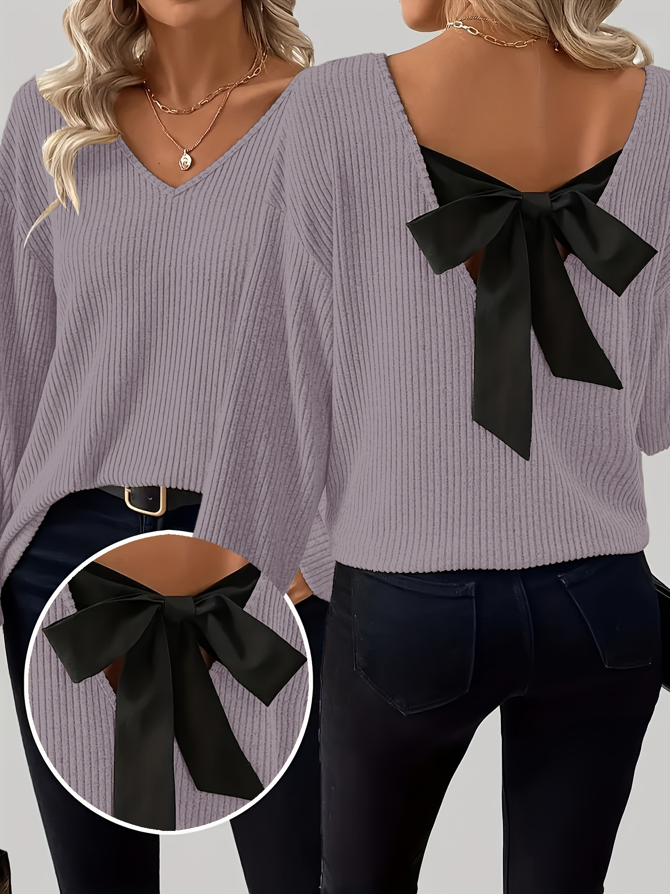 Elegant Plain Bow V Neck Blouse