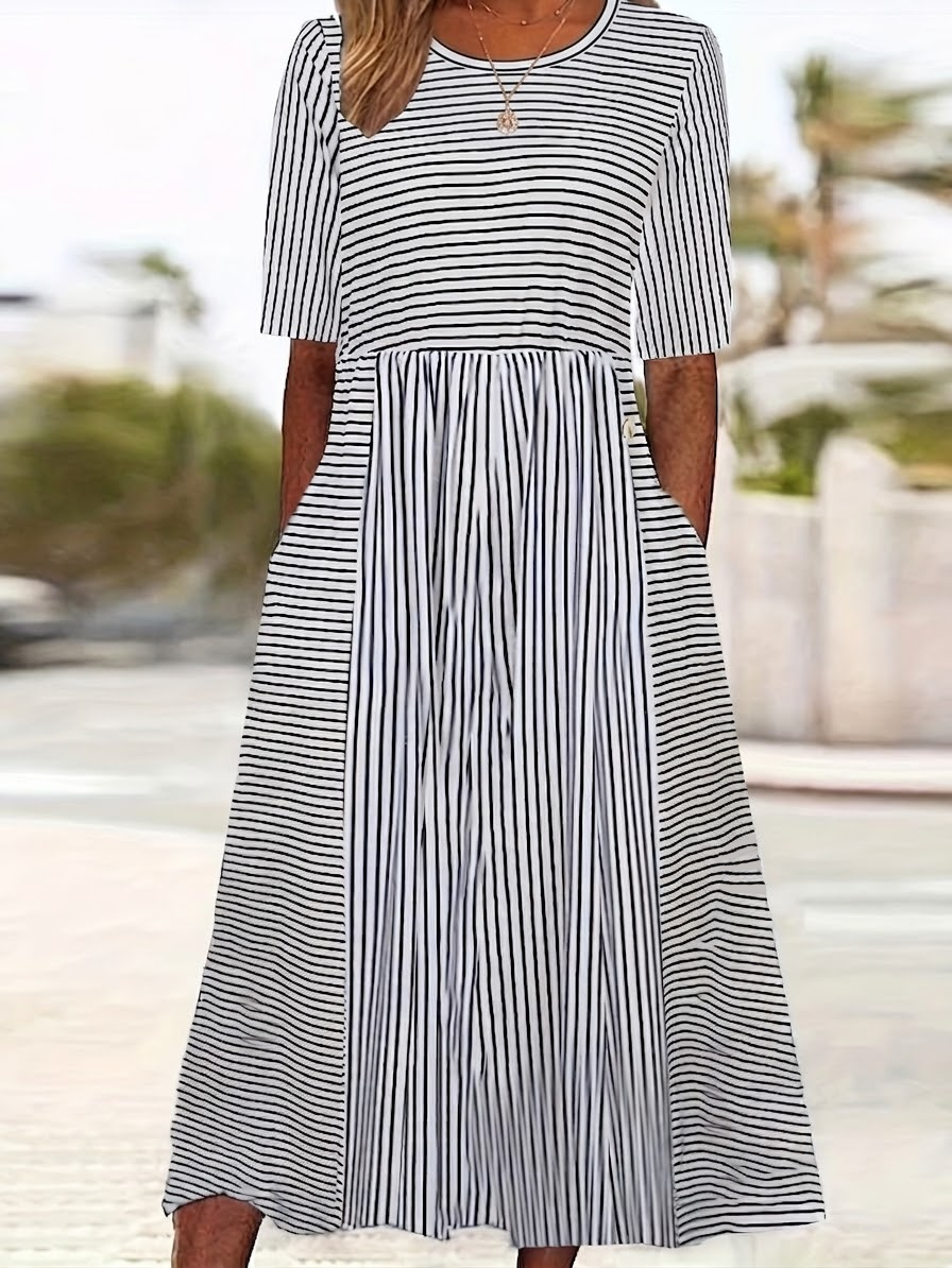 Women's Short Sleeve Summer White Striped Printing Crew Neck Daily Going Out Casual Maxi H-Line Shift Dress Dress