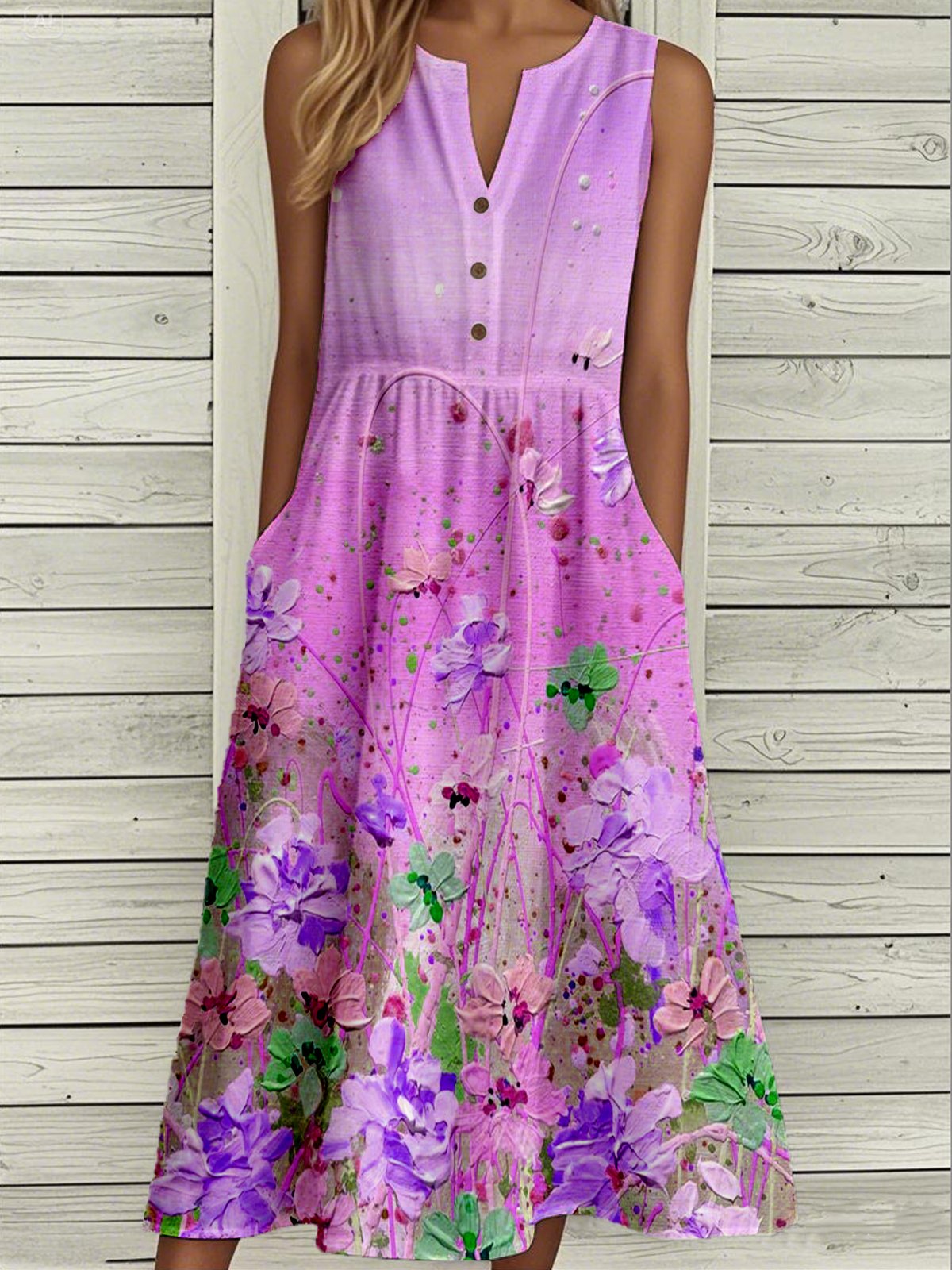 Loose Floral Casual Buckle Dress With No