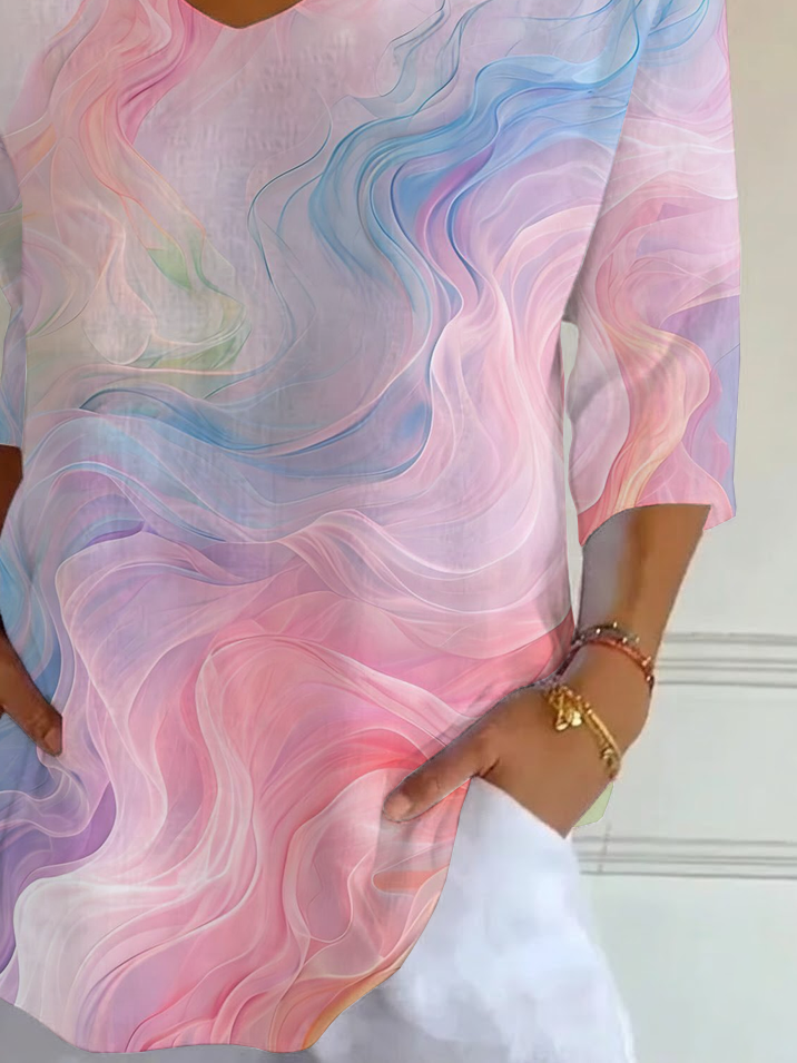 Women's Three Quarter Sleeve T-shirt Spring/Fall As Picture Abstract Printing V Neck Daily Going Out Casual Top