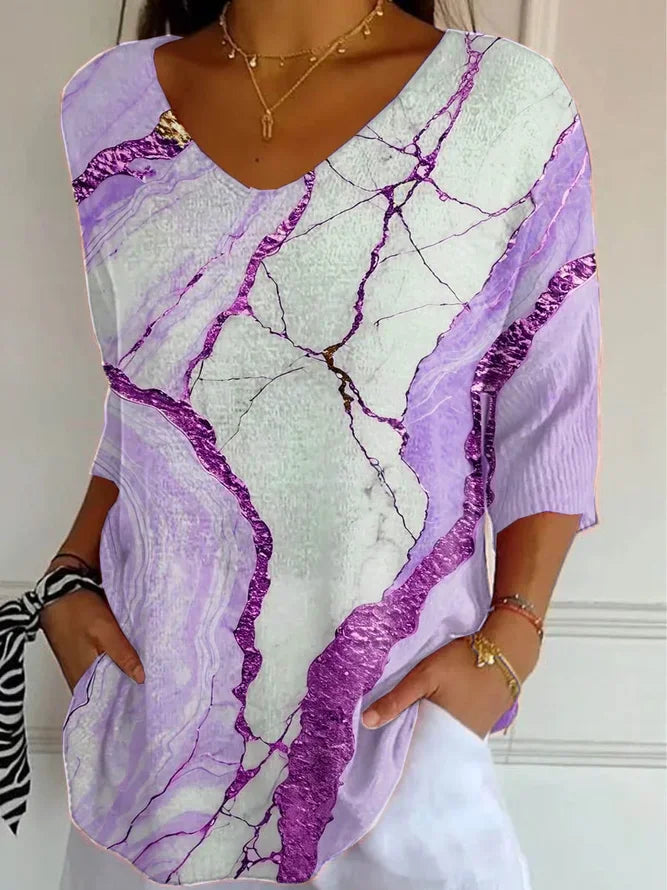 Women's Three Quarter Sleeve T-shirt Spring/Fall Pink Abstract Printing V Neck Daily Going Out Casual Top