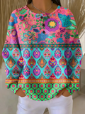 Women's Flowers Print Button-Up Casual Waffle Knit Sweatshirt