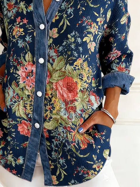 Women's Vintage Floral-Print Denim Casual Shirt