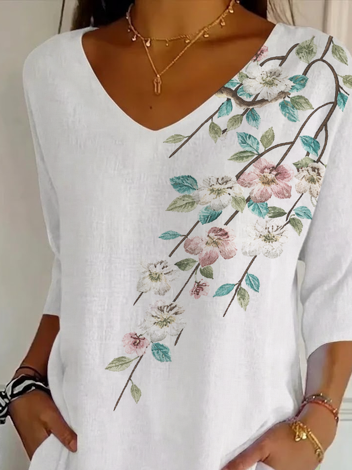 Women's Three Quarter Sleeve T-shirt Spring/Fall White Floral Printing V Neck Daily Going Out Casual Top