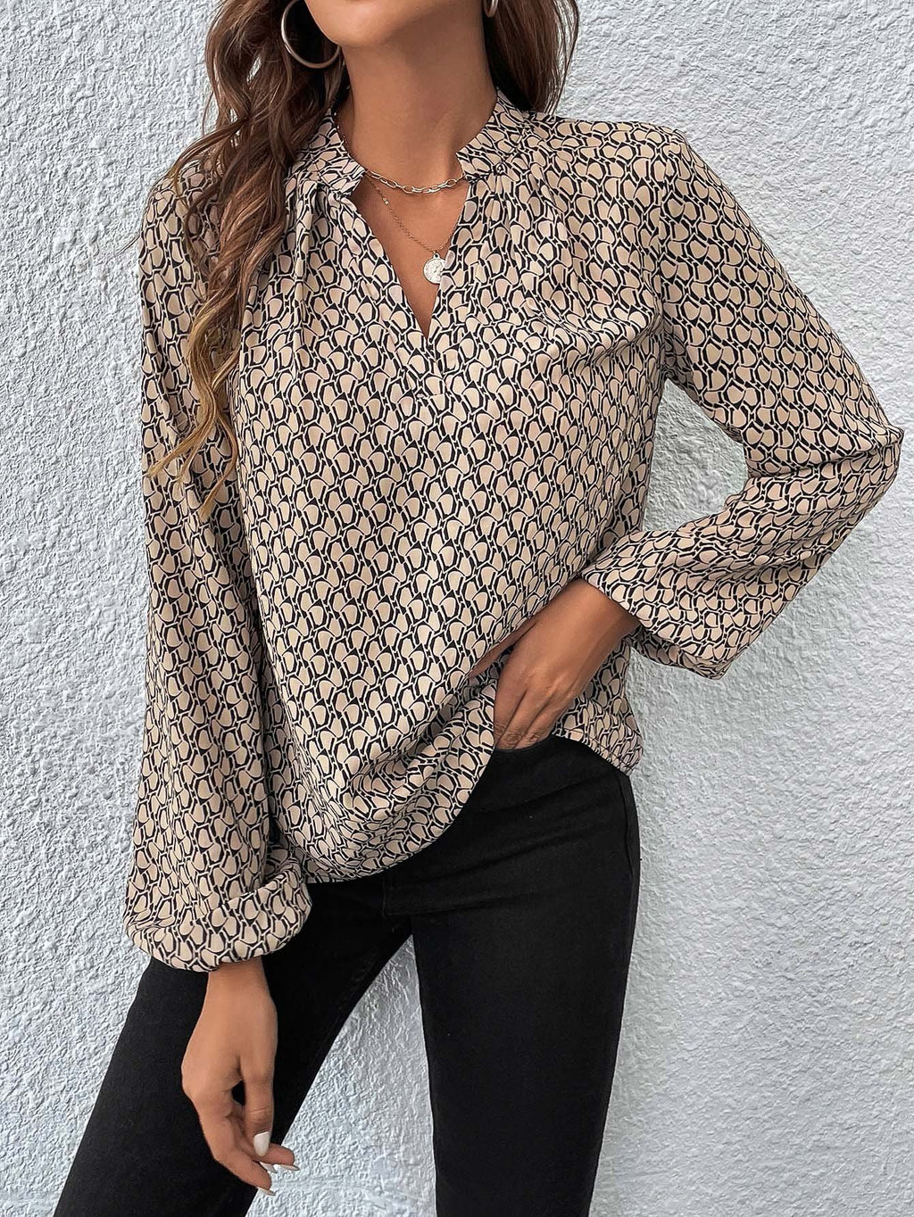 Women's Long Sleeve Shirt Spring/Fall Green Geometric Split Joint V Neck Balloon Sleeve Daily Going Out Casual Top