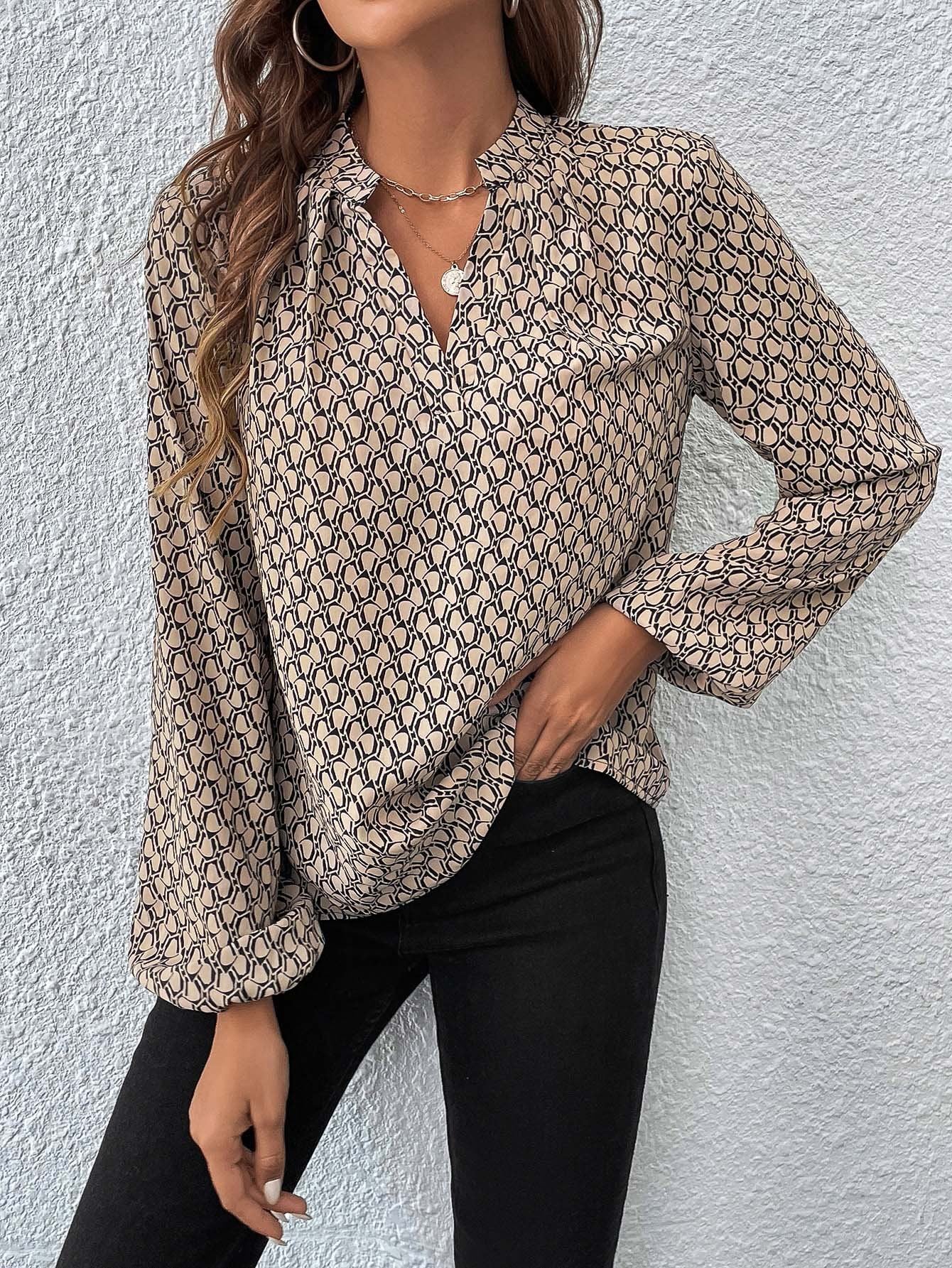 Women's Long Sleeve Shirt Spring/Fall Green Geometric Split Joint V Neck Balloon Sleeve Daily Going Out Casual Top