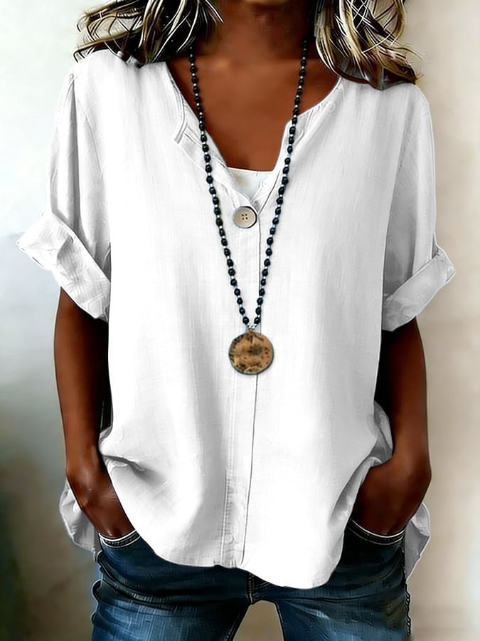 Casual V Neck Plain Loose Blouse