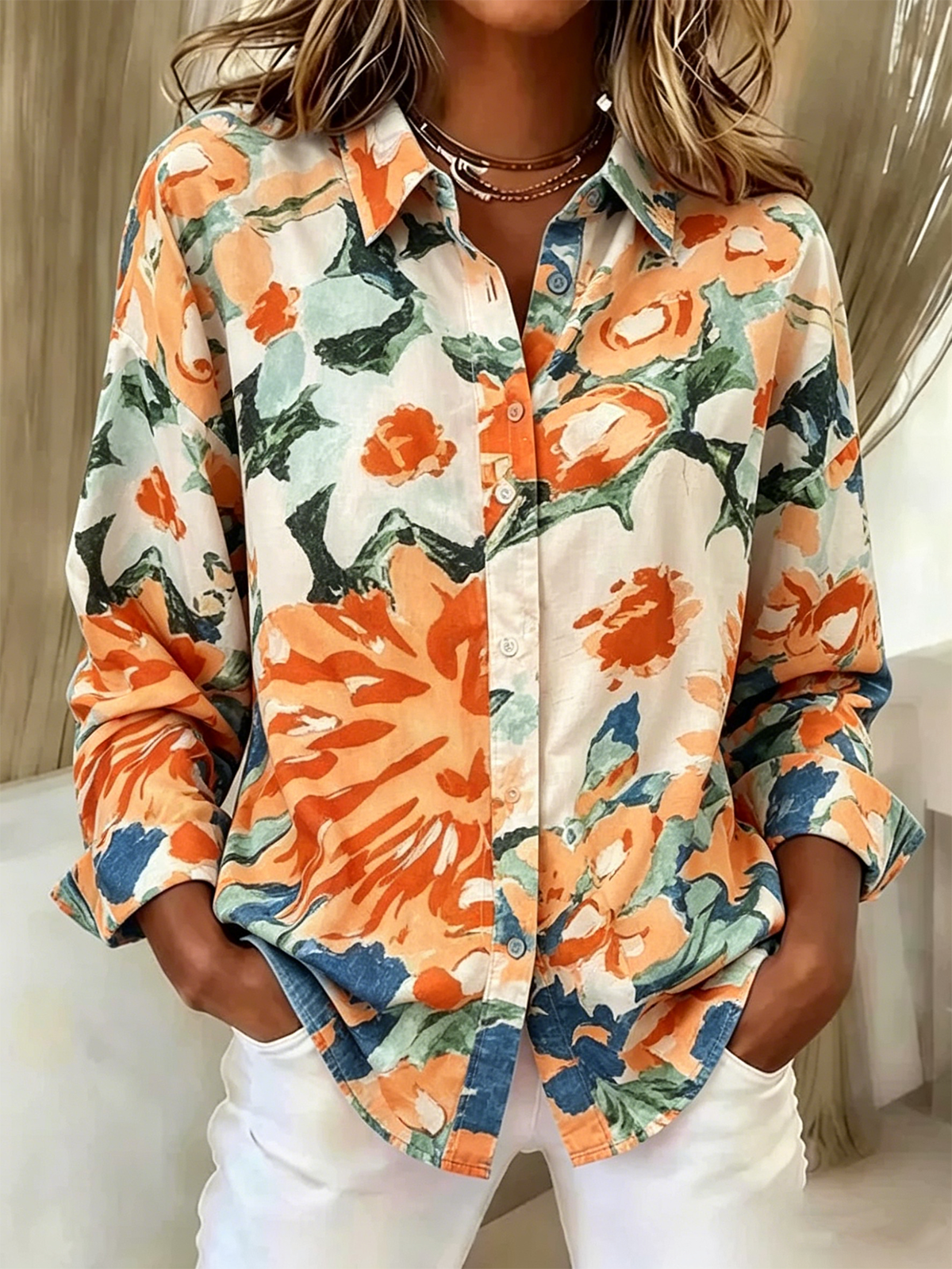 Floral Shawl Collar Casual Shirt