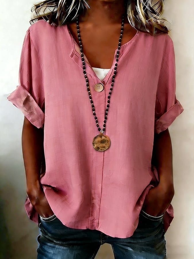 Casual V Neck Plain Loose Blouse