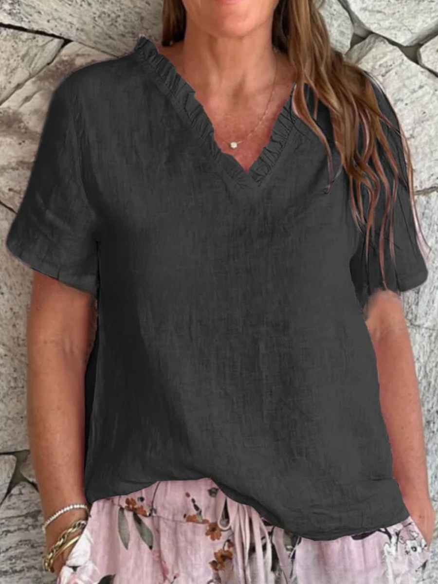 Women's Short Sleeve T-shirt Summer White Plain Split Joint Cotton And Linen V Neck Daily Going Out Casual Top