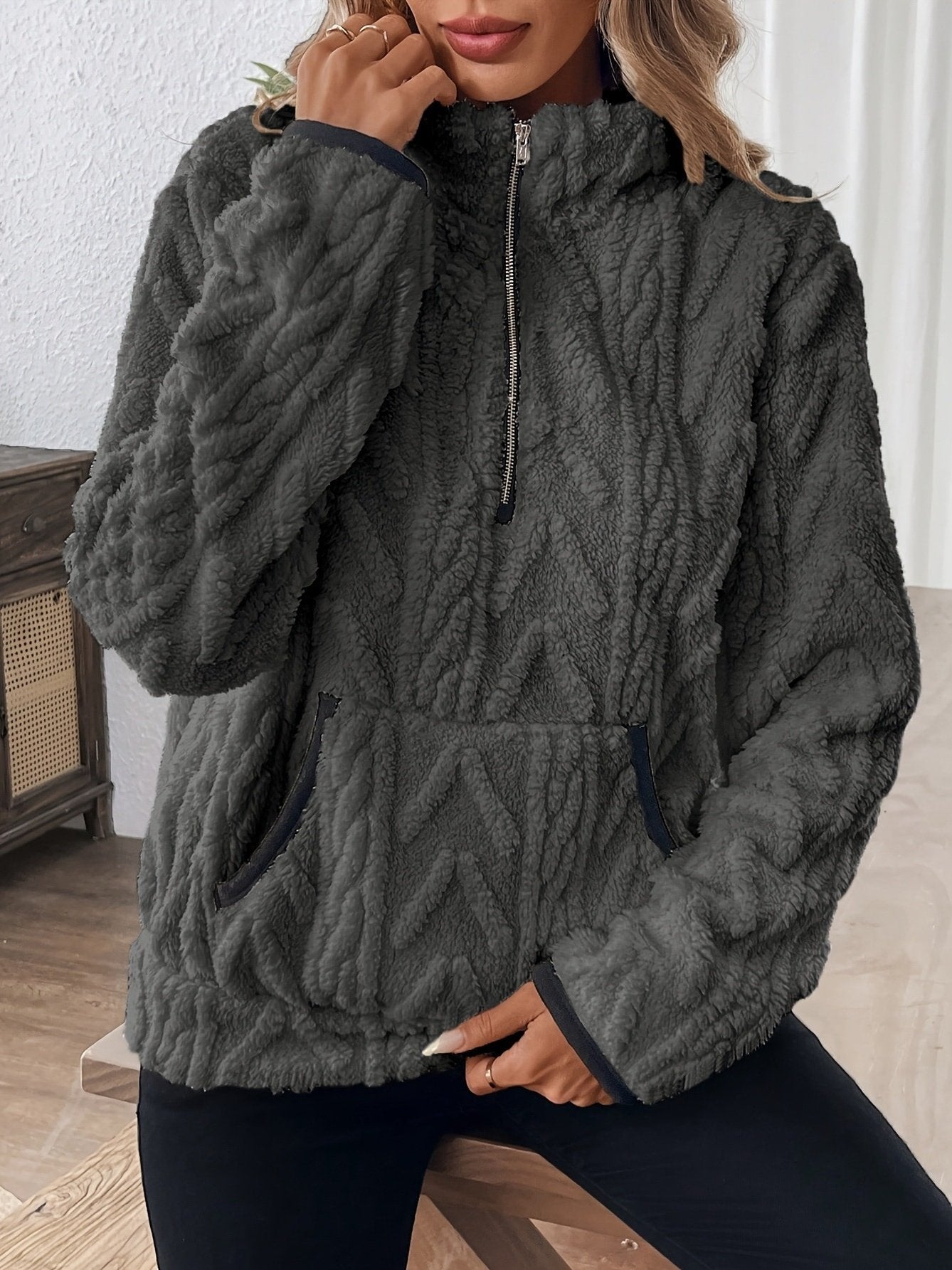 Plain Lady Romance Loose Stand Collar Sweatshirt