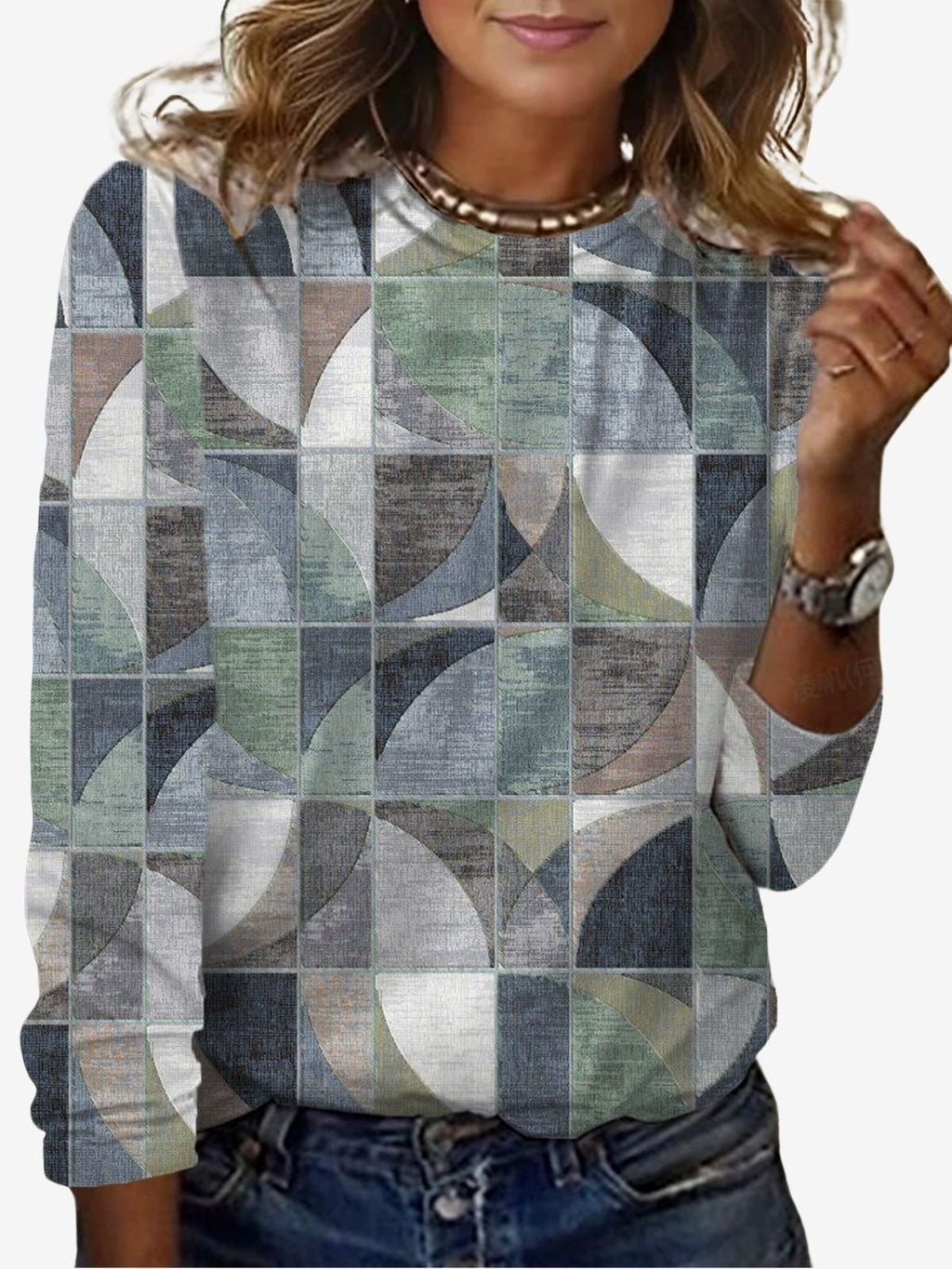 Geometric Print Long Sleeve Crew Neck T-shirt