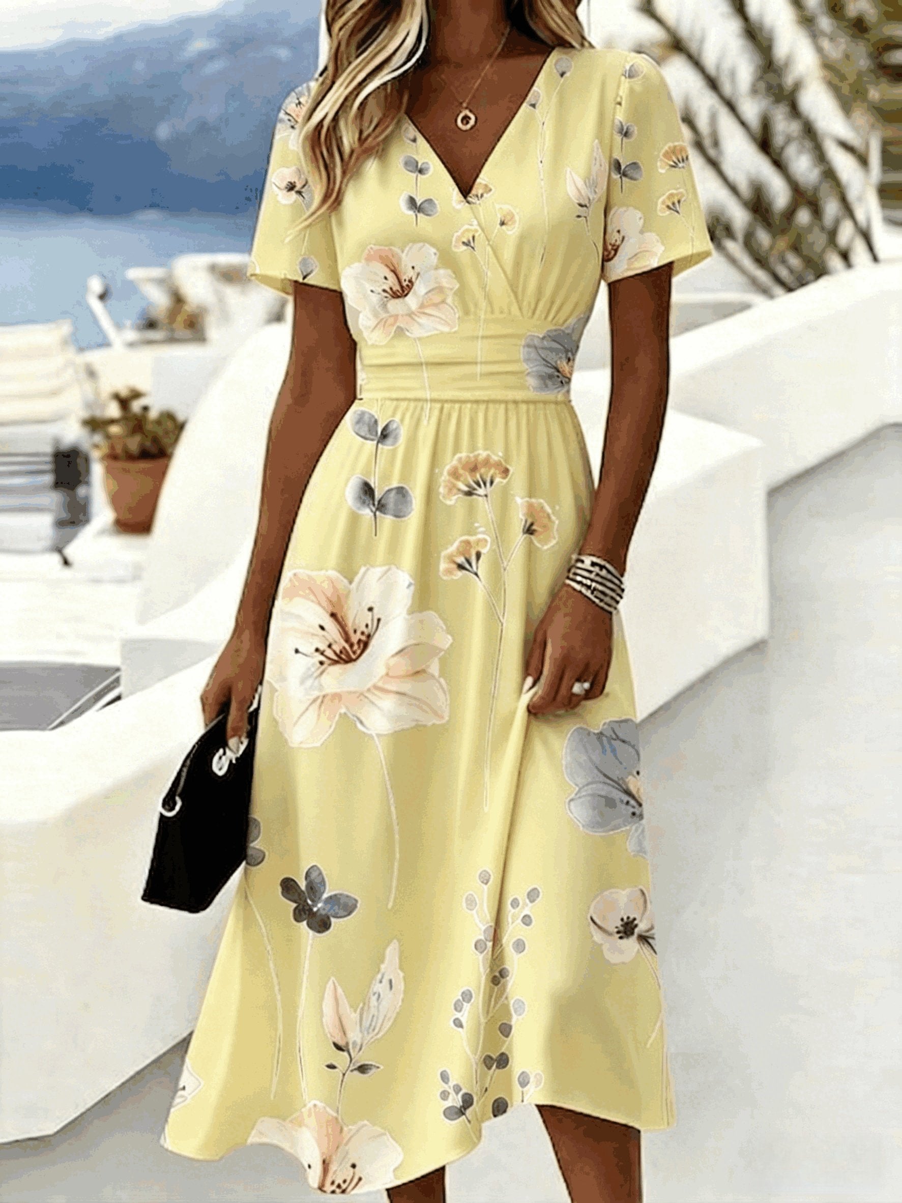 Casual Light Blue Flower Print V Neck Midi Dress Short Sleeve Elastic Waist Flowy Summer Dress