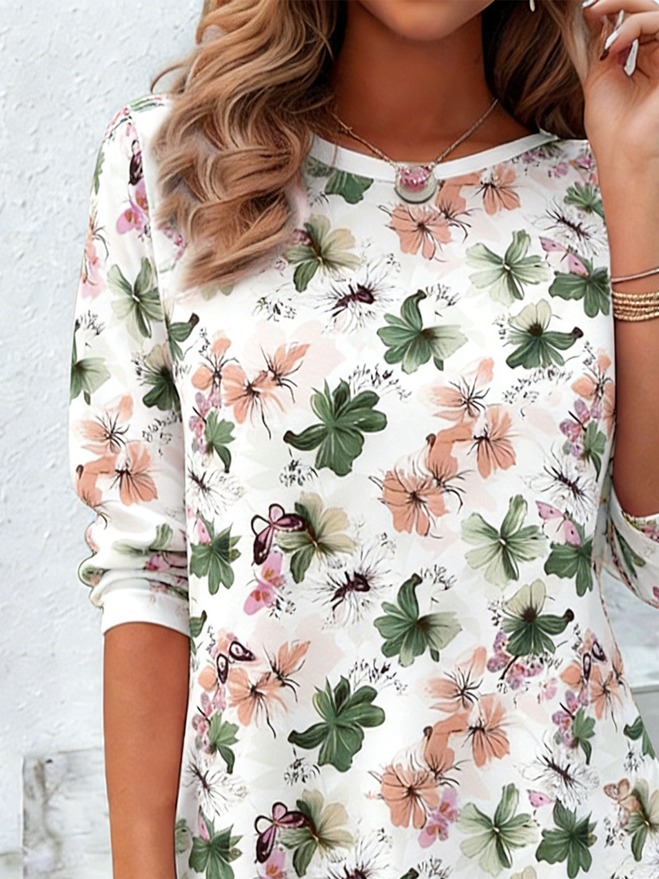 Cotton Floral Crew Neck Elegant T-Shirt