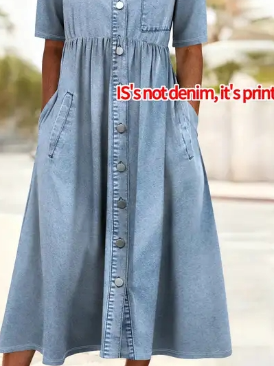 Vintage Crew Neck Loose Faux Denim Print Graphic Dress With No
