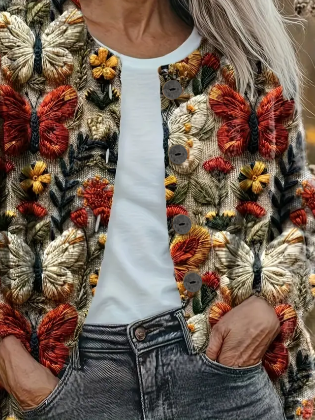 Regular Fit Floral Casual Crew Neck Cardigan