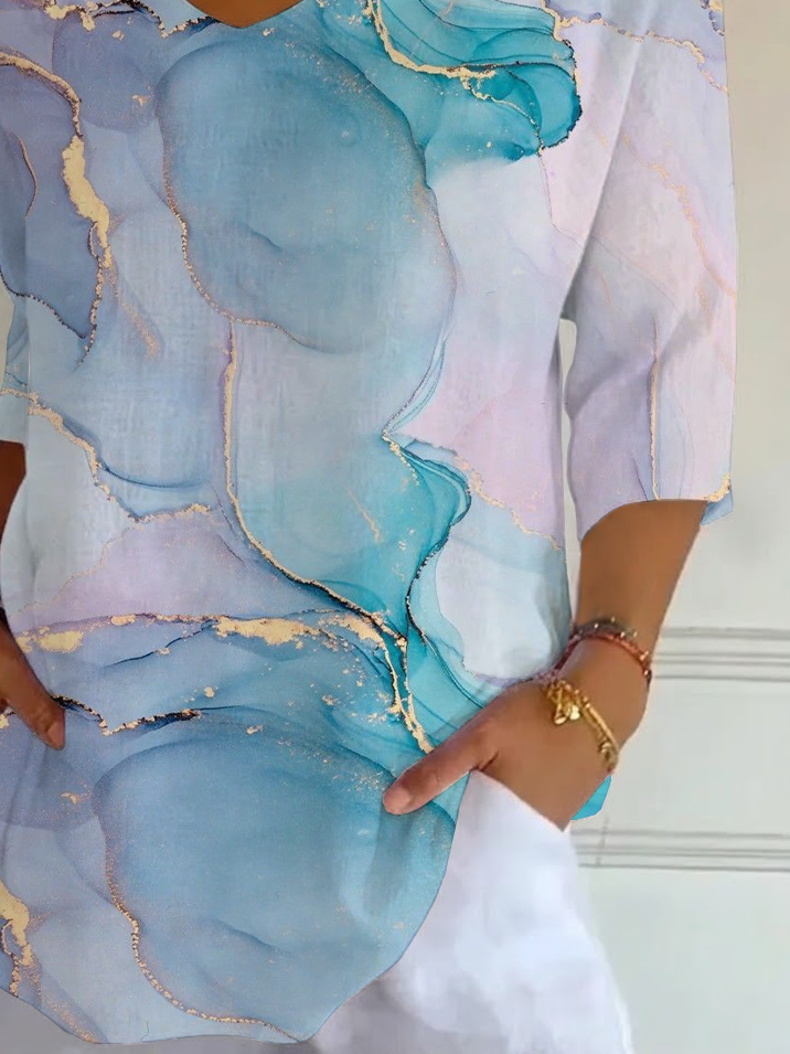 Women's Three Quarter Sleeve T-shirt Spring/Fall Green Abstract Printing V Neck Daily Going Out Casual Top