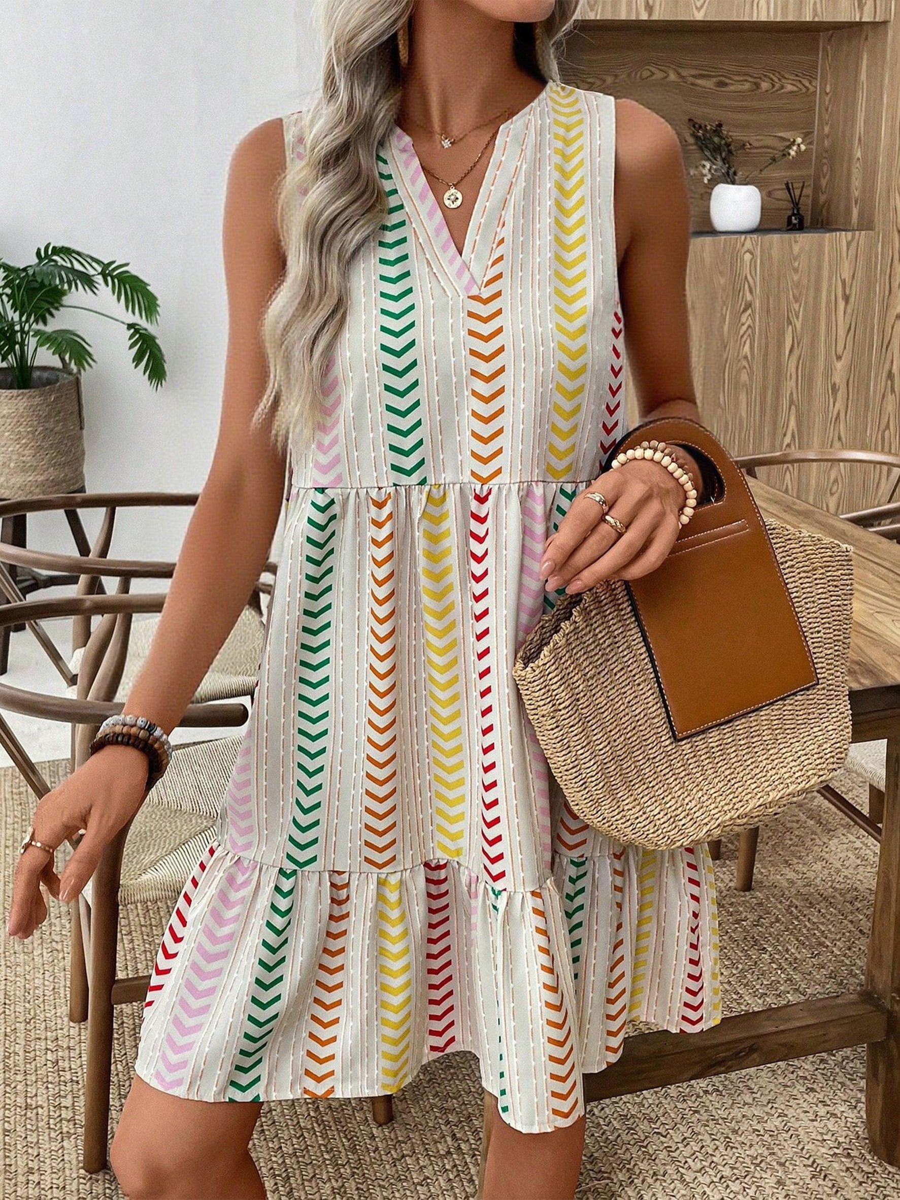 Women Geometric Printed Sleeveless V Neck Summer Boho Dress