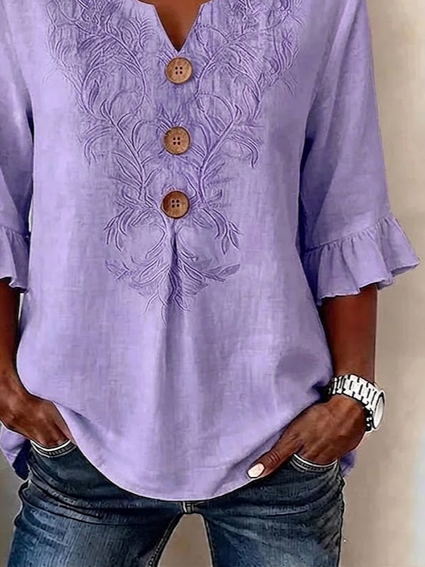 Women's Half Sleeve Blouse Summer Purple Floral Printing V Neck Daily Going Out Vintage Top