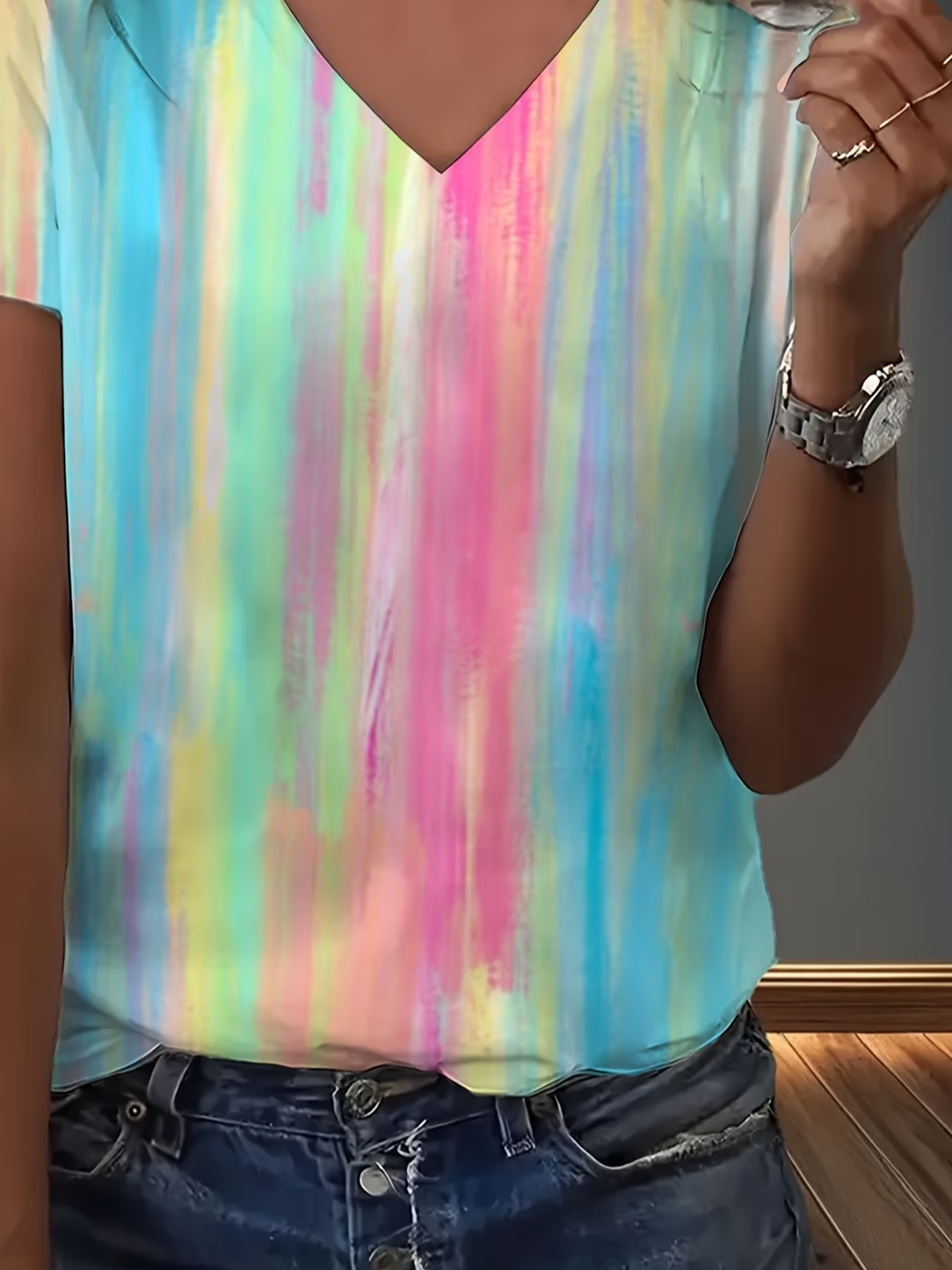 Women's Short Sleeve T-shirt Summer As Picture Abstract Printing V Neck Holiday Going Out Vintage Top