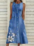 Loose Vintage Faux Denim Print Graphic Others Dress With No