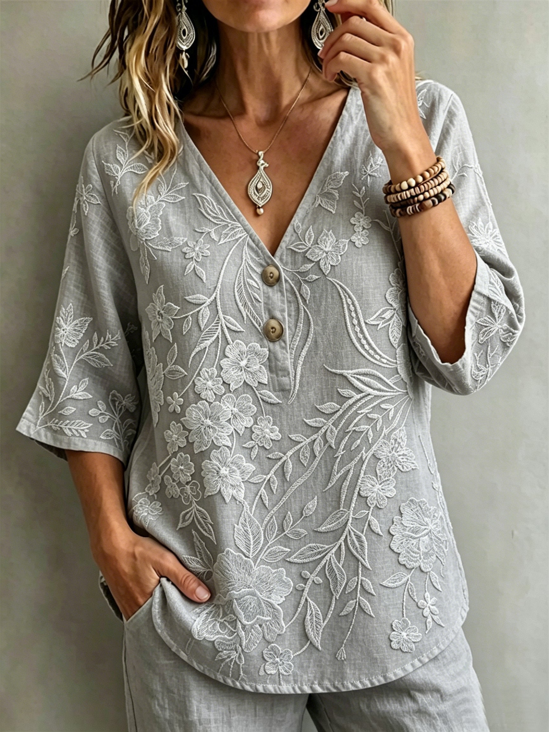 Botanical Pattern Linen Blend Elegant V Neck Blouse