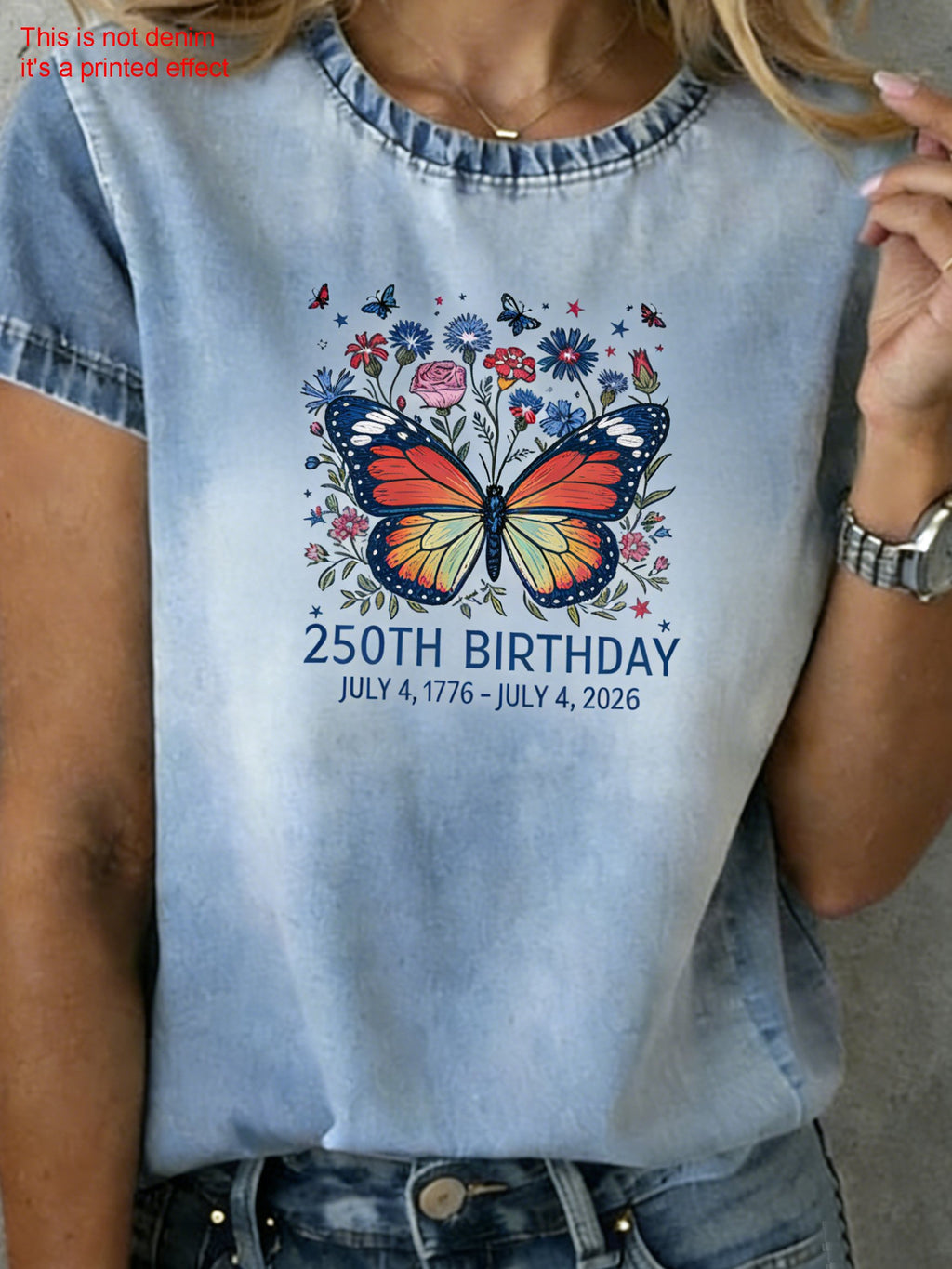 3D Printing Butterfly Round Neck Short Sleeve 250th Anniversary Letter Pattern Summer Casual T-Shirt