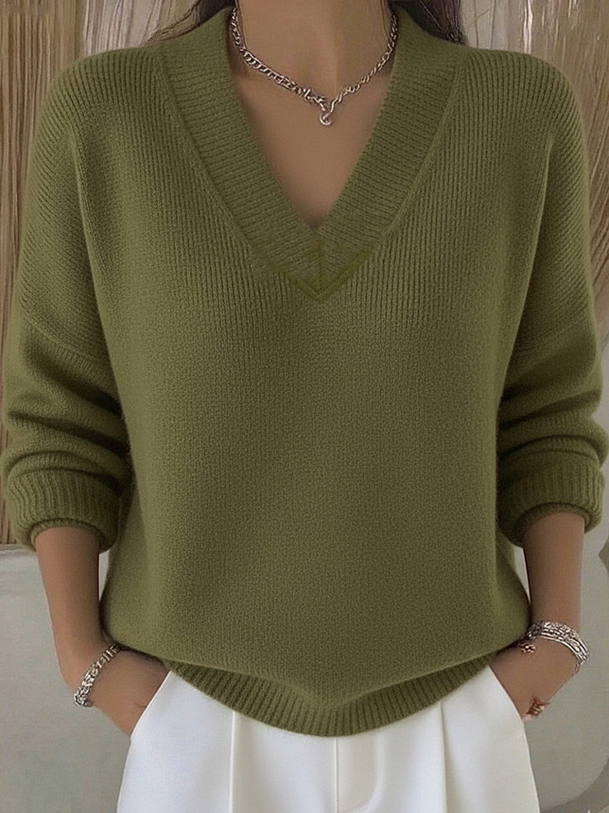 Plain Casual V Neck Loose Sweater