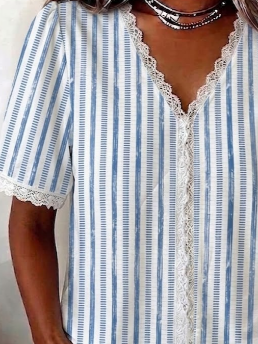 Casual V Neck Regular Fit Striped Blouse