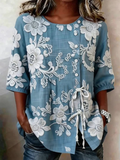 Elegant Crew Neck Linen Blend Blouse