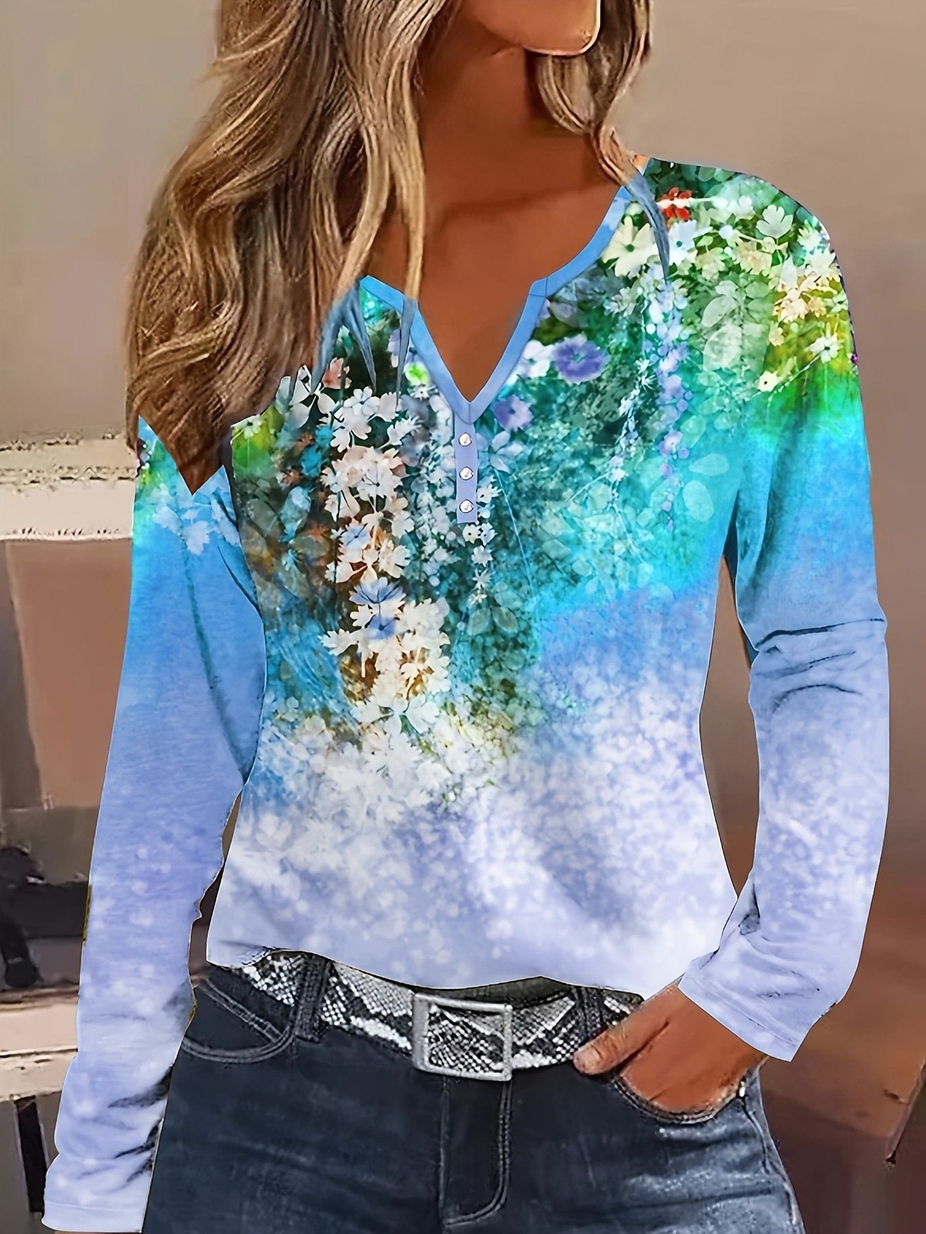 Loose Casual Floral V Neck Blouse