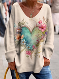 Women's Long Sleeve T-shirt Spring/Fall Apricot Floral Printing V Neck Daily Going Out Casual Top