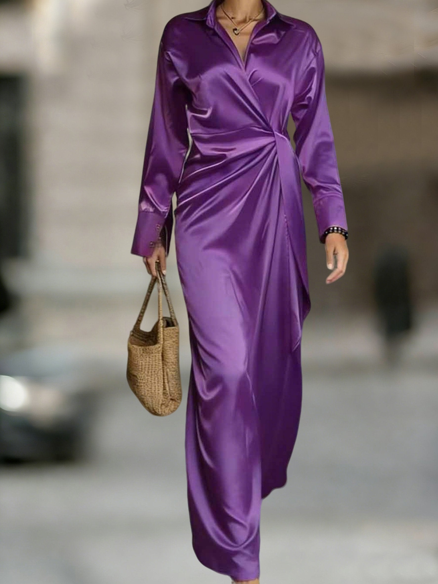 Stain Plain V Neck Long Sleeve Elegant Slit Maxi Dress