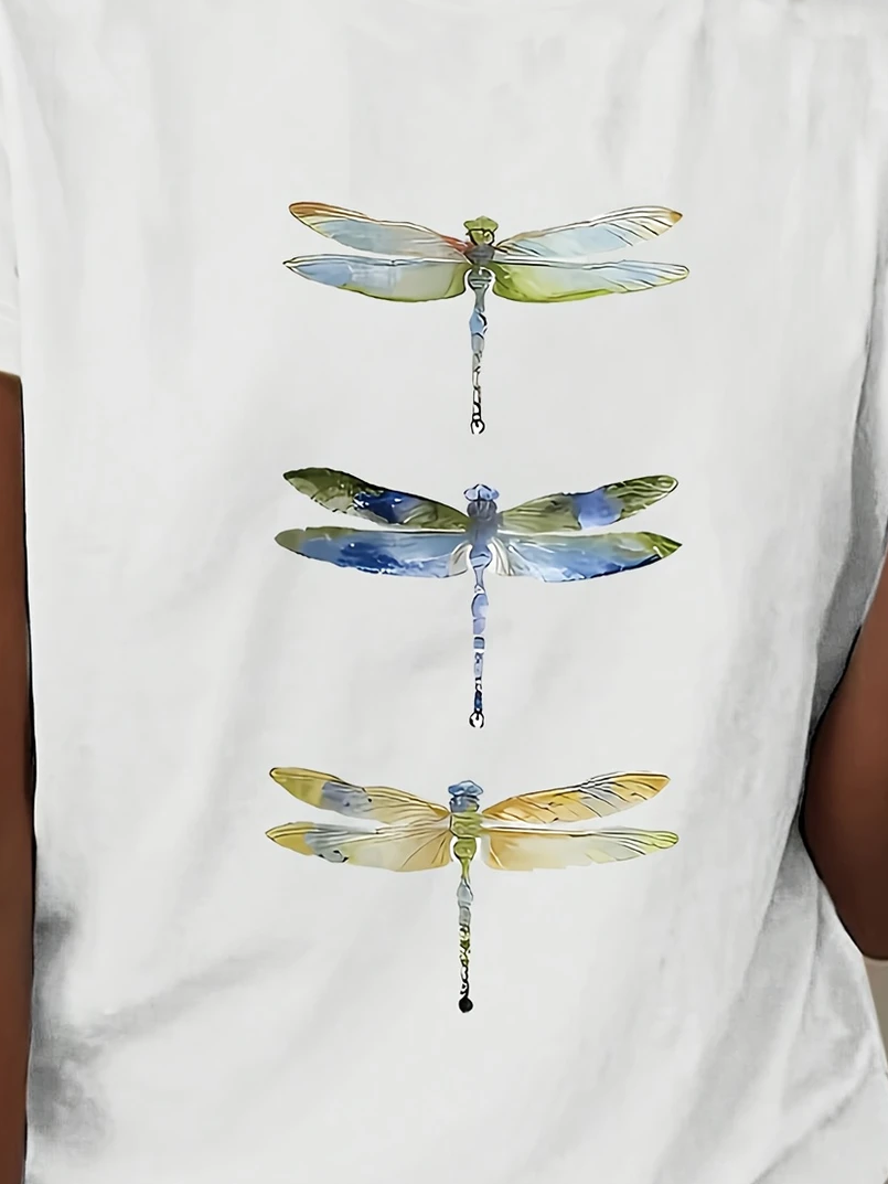 Women's Dragonfly Print Casual Round Neck Short Sleeve T-Shirt