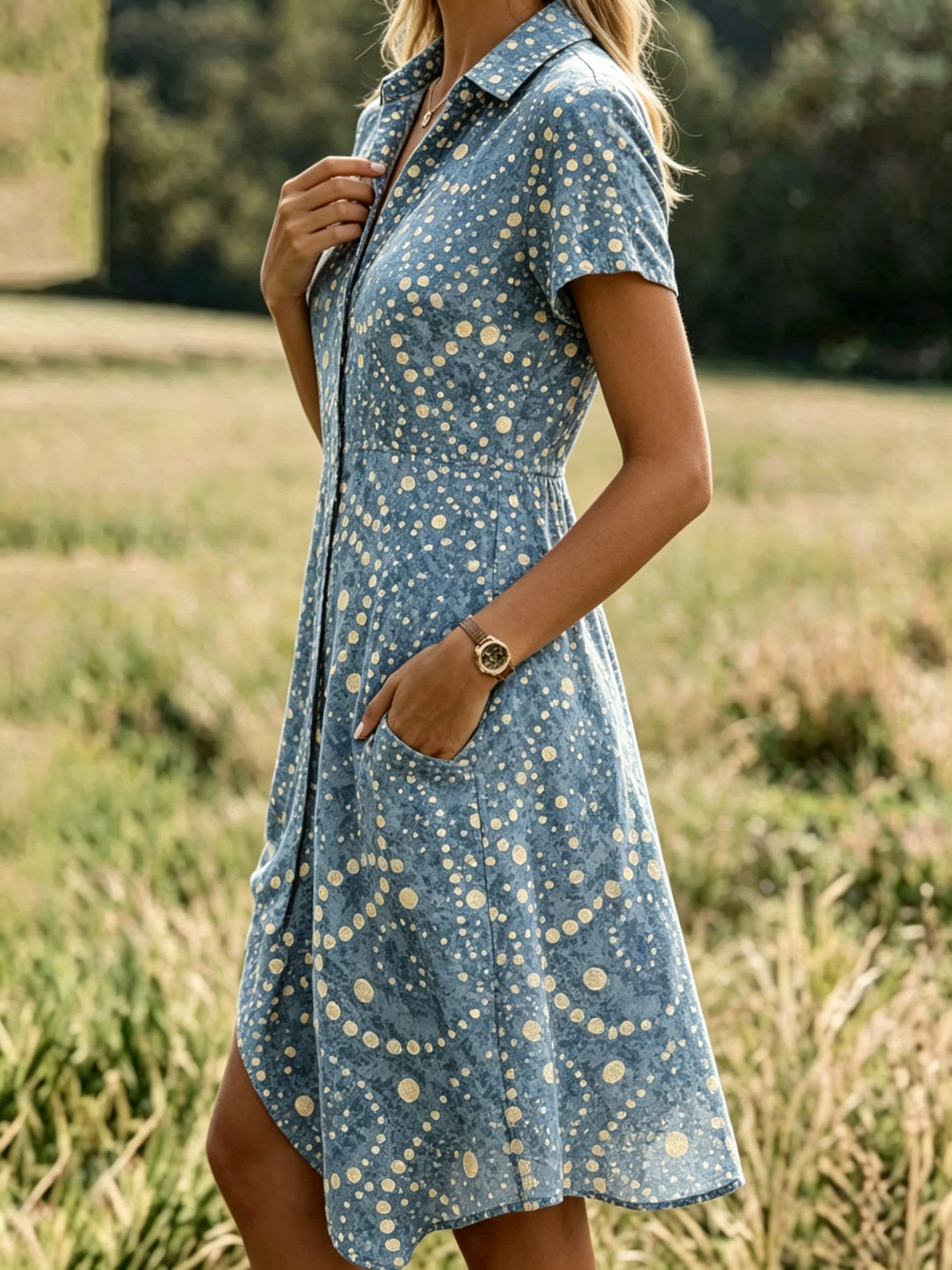Shirt Collar Blue Polka Dots Vacation Regular Fit Dress With No
