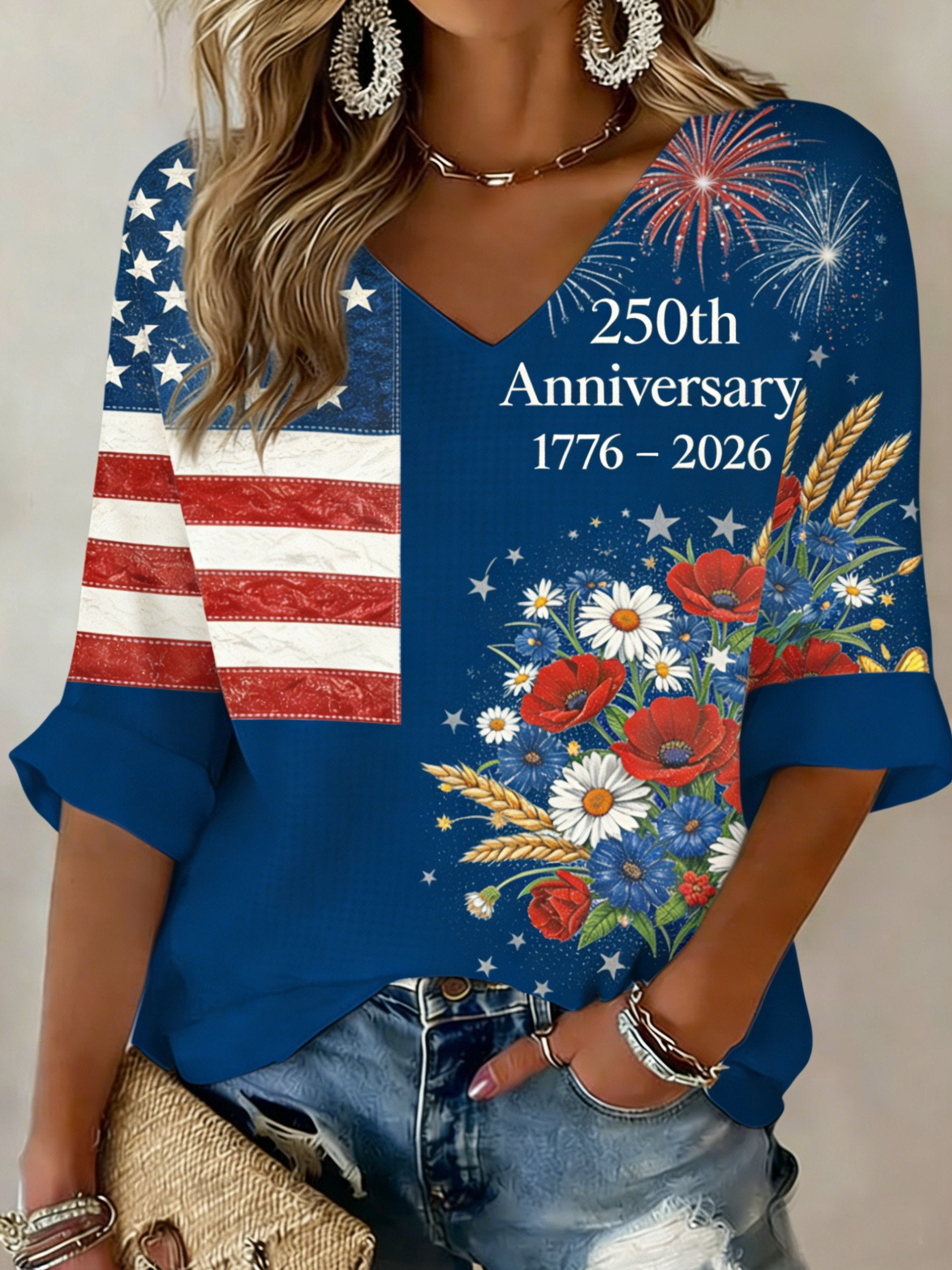 3D Printing V Neck America Flag Floral 250th Anniversary Spring Summer Casual T-Shirt
