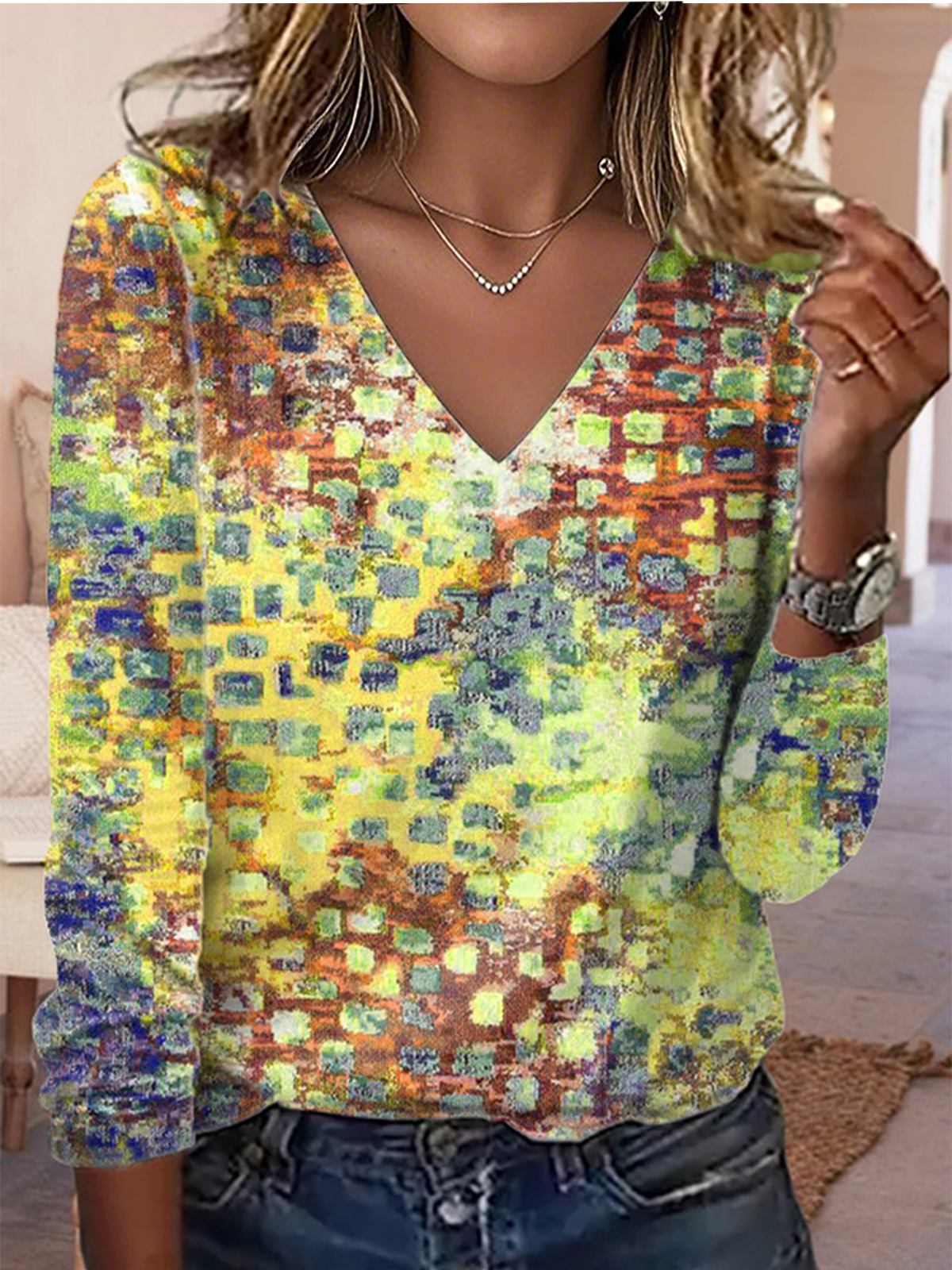 Print Casual V Neck Long Sleeve T-Shirt