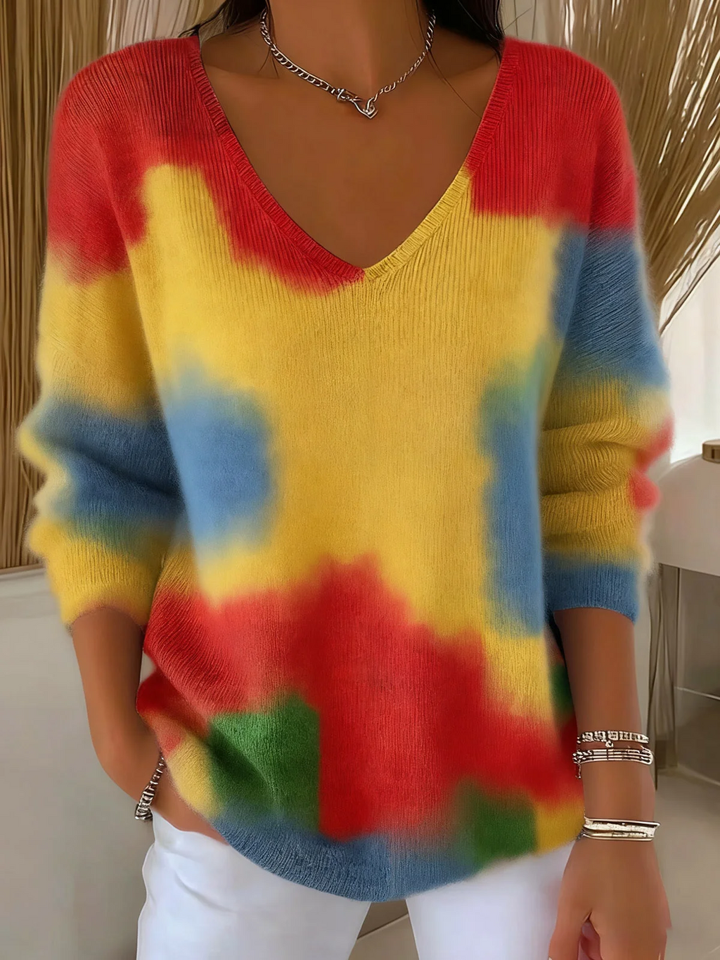 Women's Long Sleeve T-shirt Spring/Fall As Picture Abstract Printing V Neck Daily Going Out Casual Top