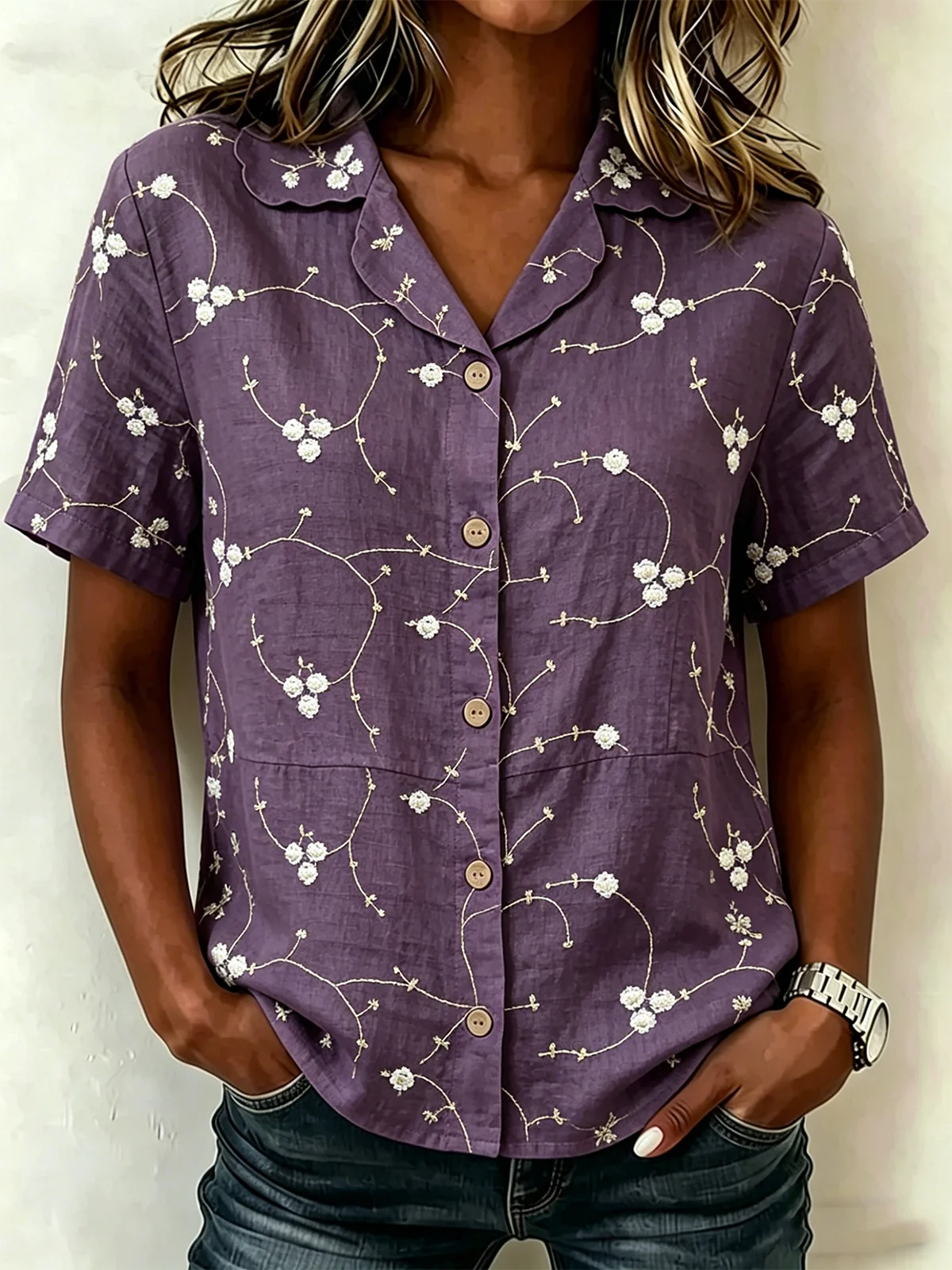 Floral Loose Shawl Collar Elegant Shirt