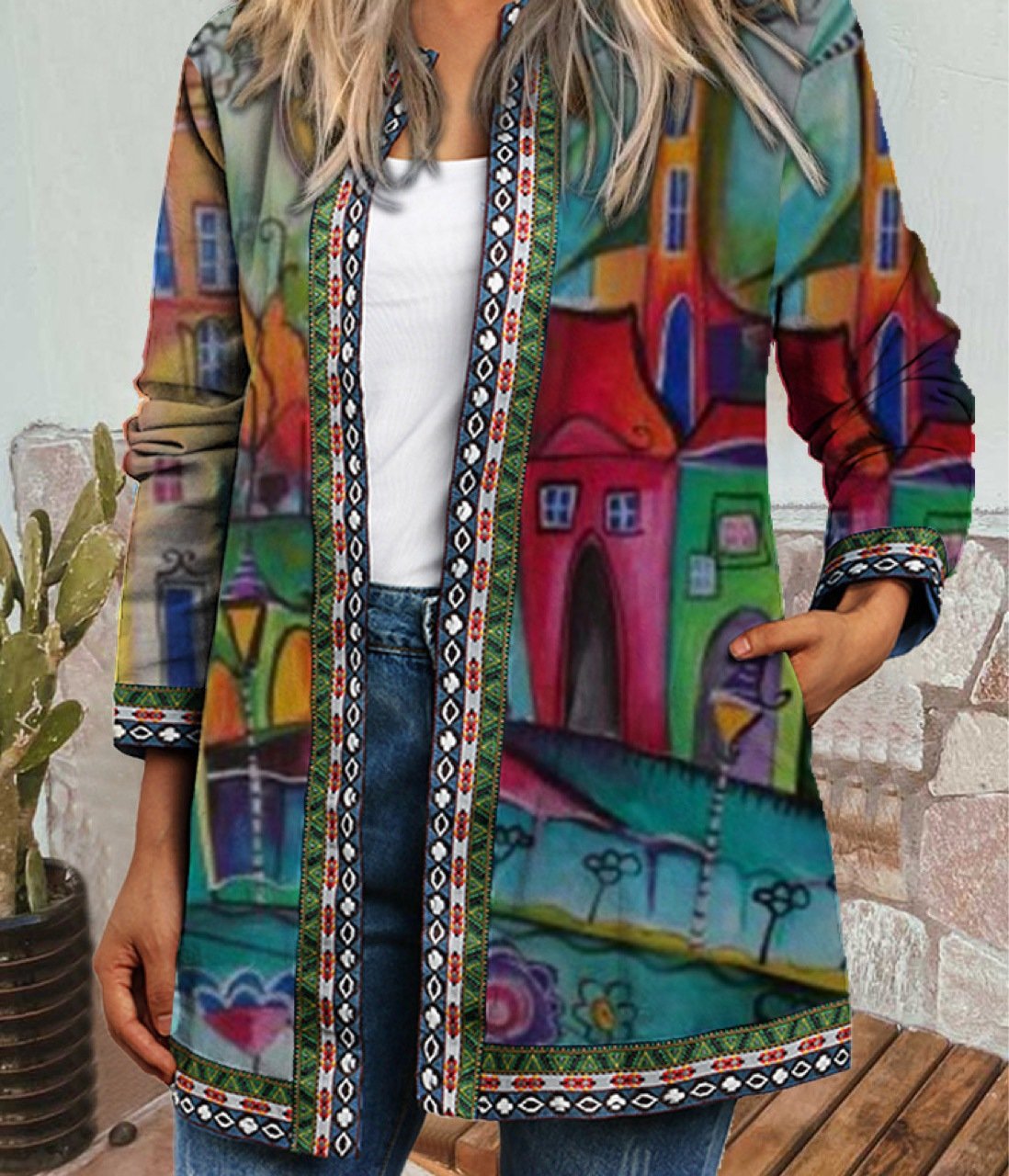 Women Casual Floral Spring/Fall Zipper Natural Loose Regular Jackets