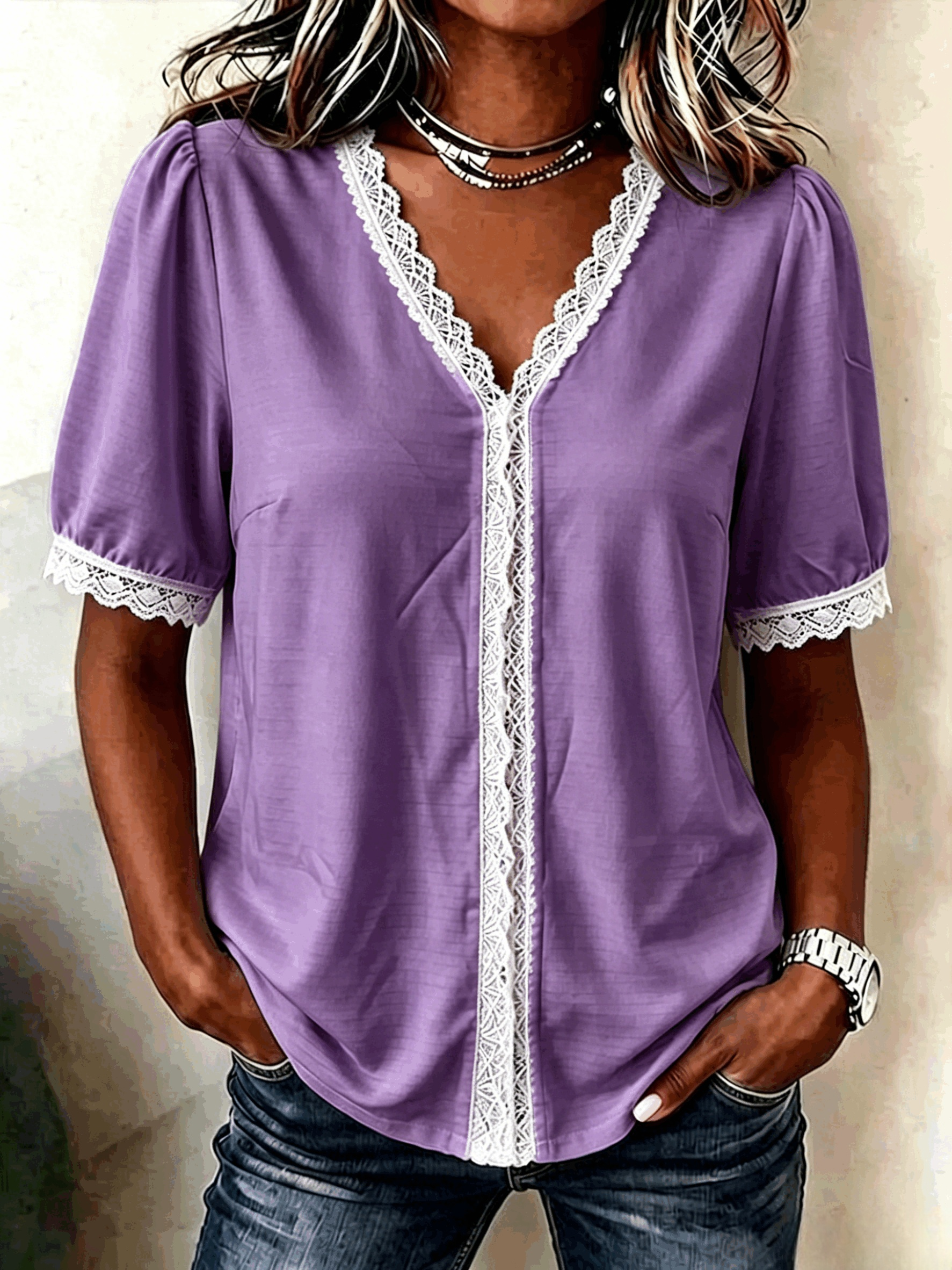 Plain Regular Fit V Neck Casual Blouse