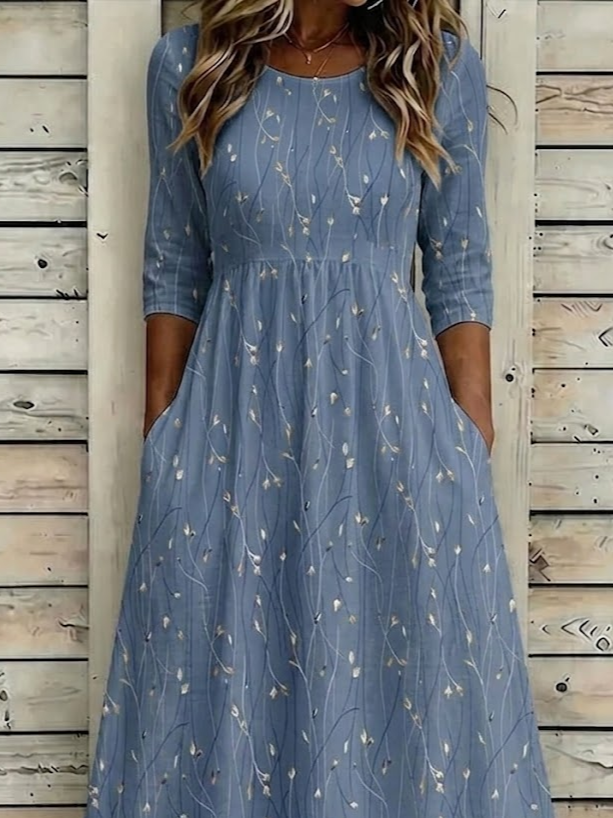 Women's Half Sleeve Summer Blue Floral Printing Crew Neck Daily Going Out Casual Maxi H-Line Dress