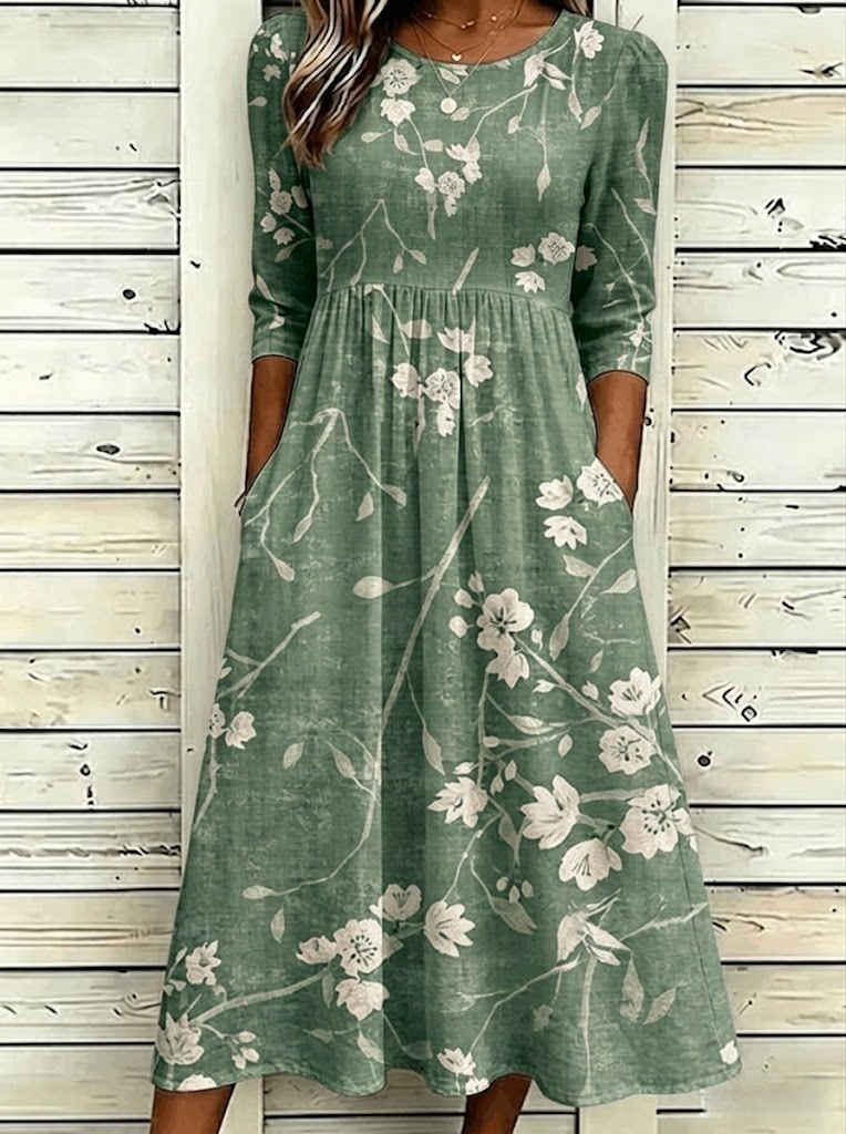 Branch Floral Print Round Neck 3/4 Sleeve A-Line Midi Dress