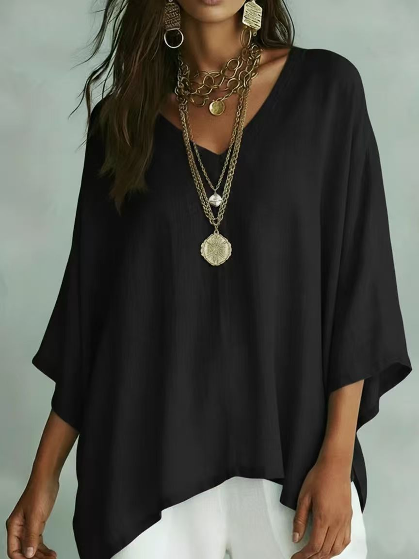 Plain V Neck Batwing Sleeve Casual T-Shirt