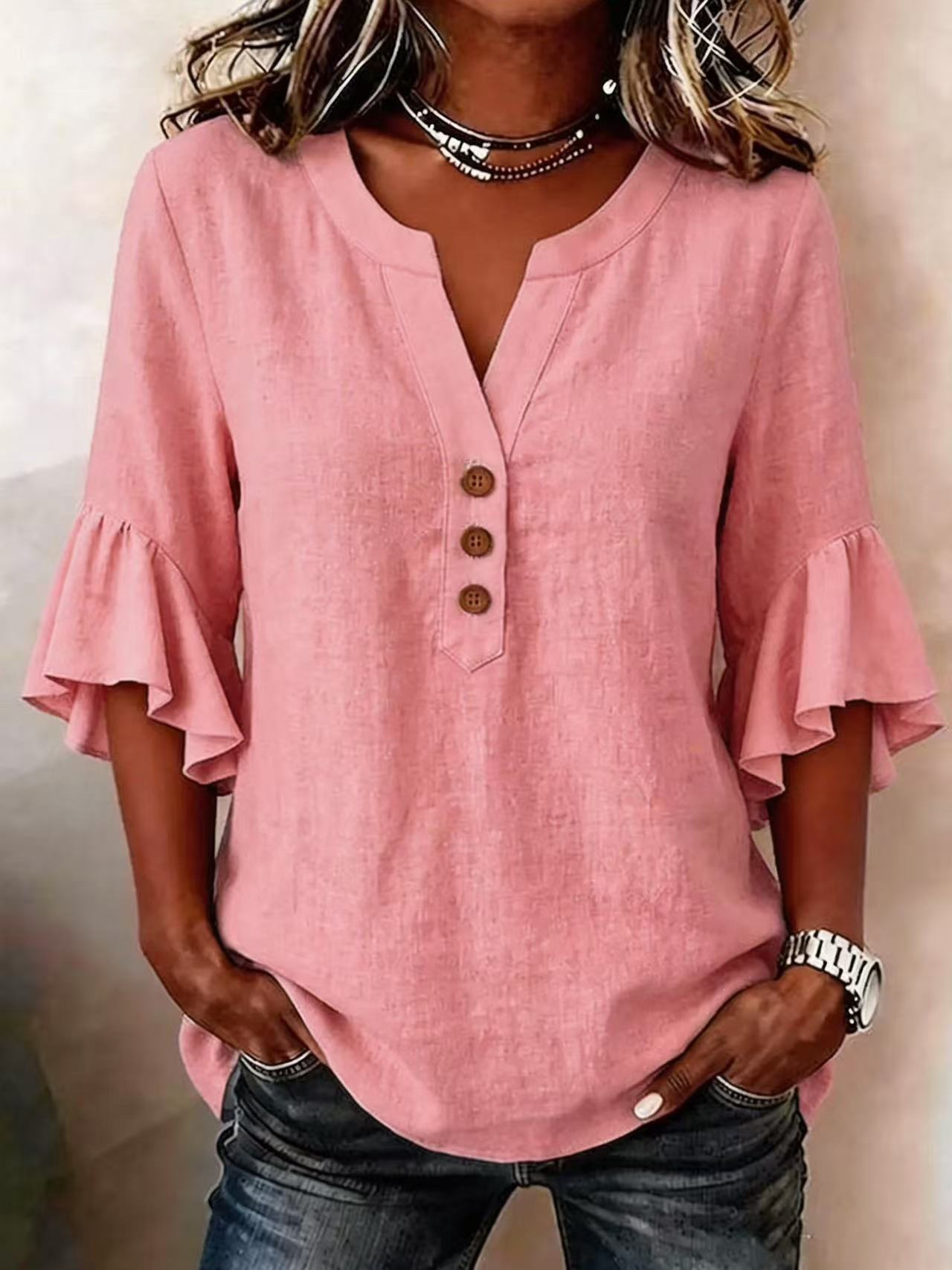 Cotton And Linen The Quarter Sleeve Ruffle V Neck Casual Blouse