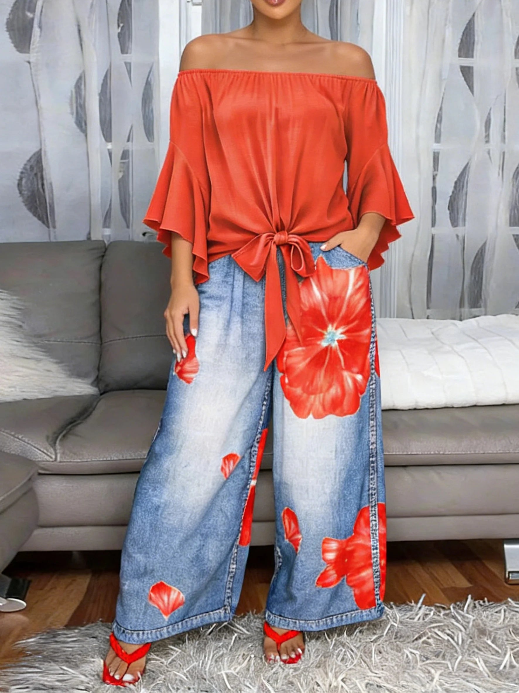 Plain Three Quarter Sleeve Off The Shoulder Top Flared Sleeves Going Out Summer Casual Blouse