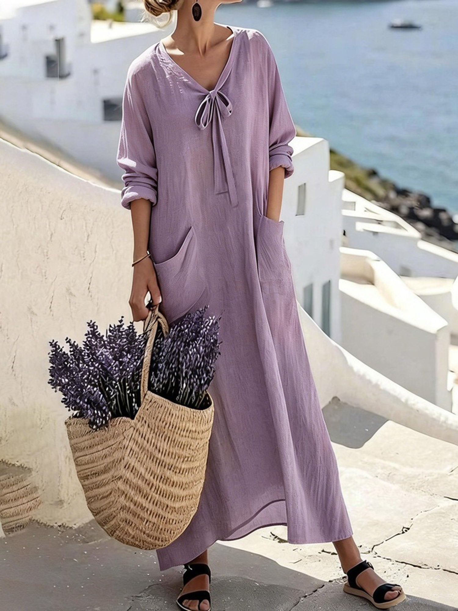 Casual Plain V Neck Maxi Dress