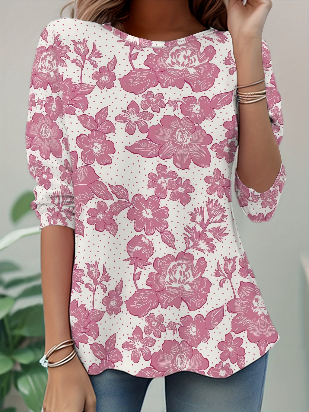 Women's Long Sleeve T-shirt Spring/Fall Pink Floral Jersey Crew Neck Daily Going Out Casual Top